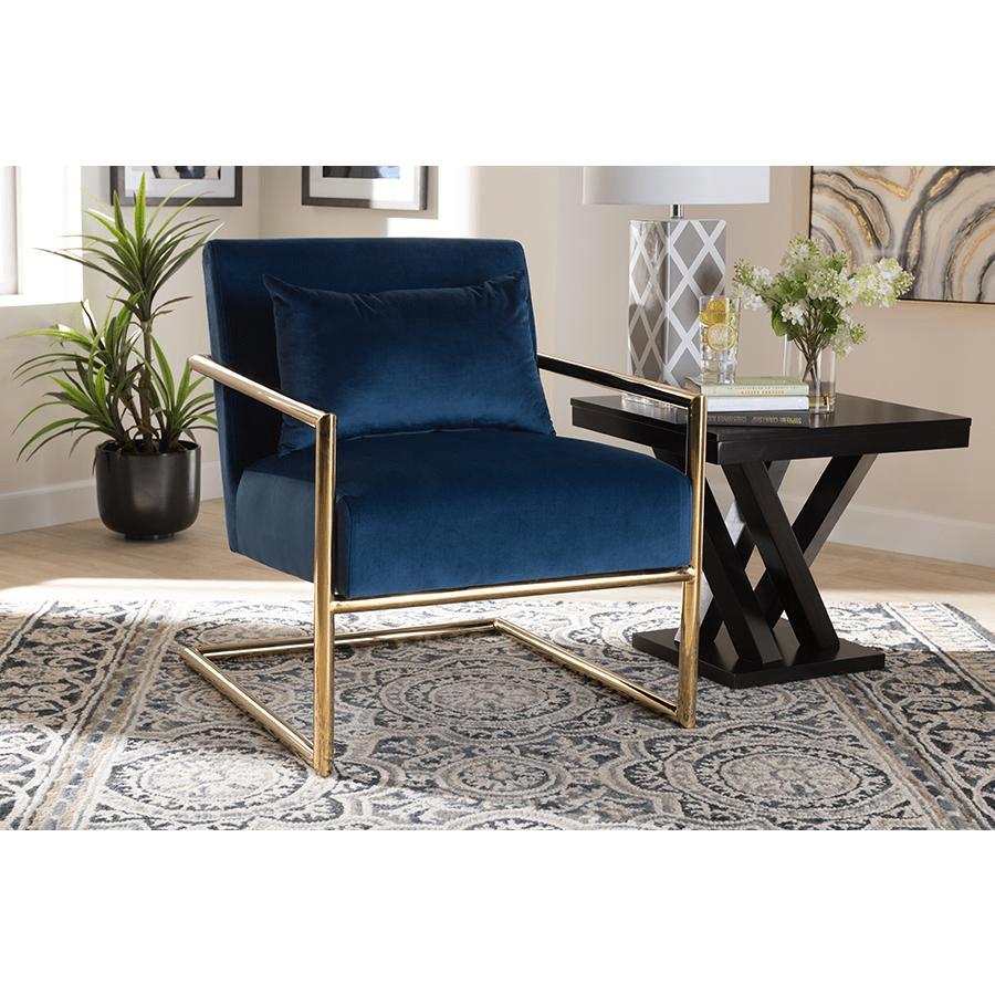 Baxton Studio Mira Glam and Luxe Navy Blue Velvet Fabric Upholstered Gold Finished Metal Lounge Chair - Mervyns