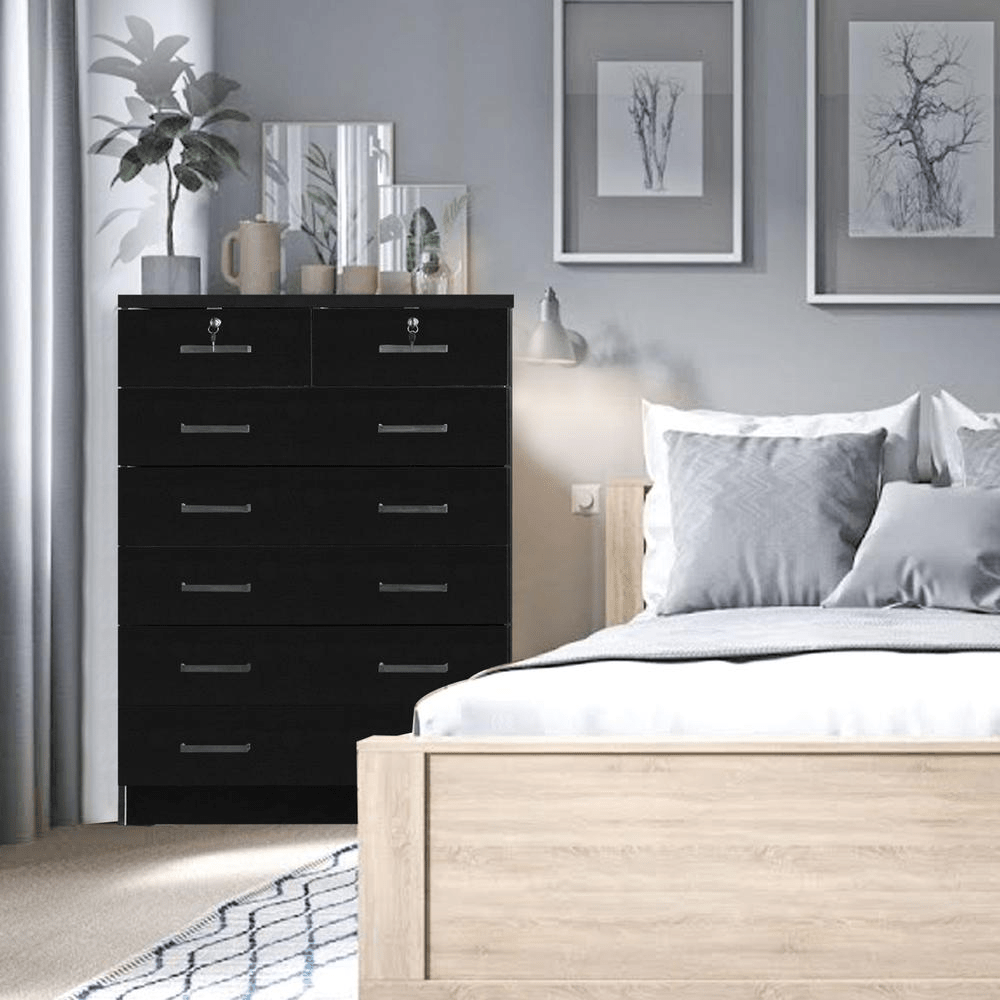 Better Home Products Cindy 7 Drawer Chest Wooden Dresser with Lock in Black - Mervyns