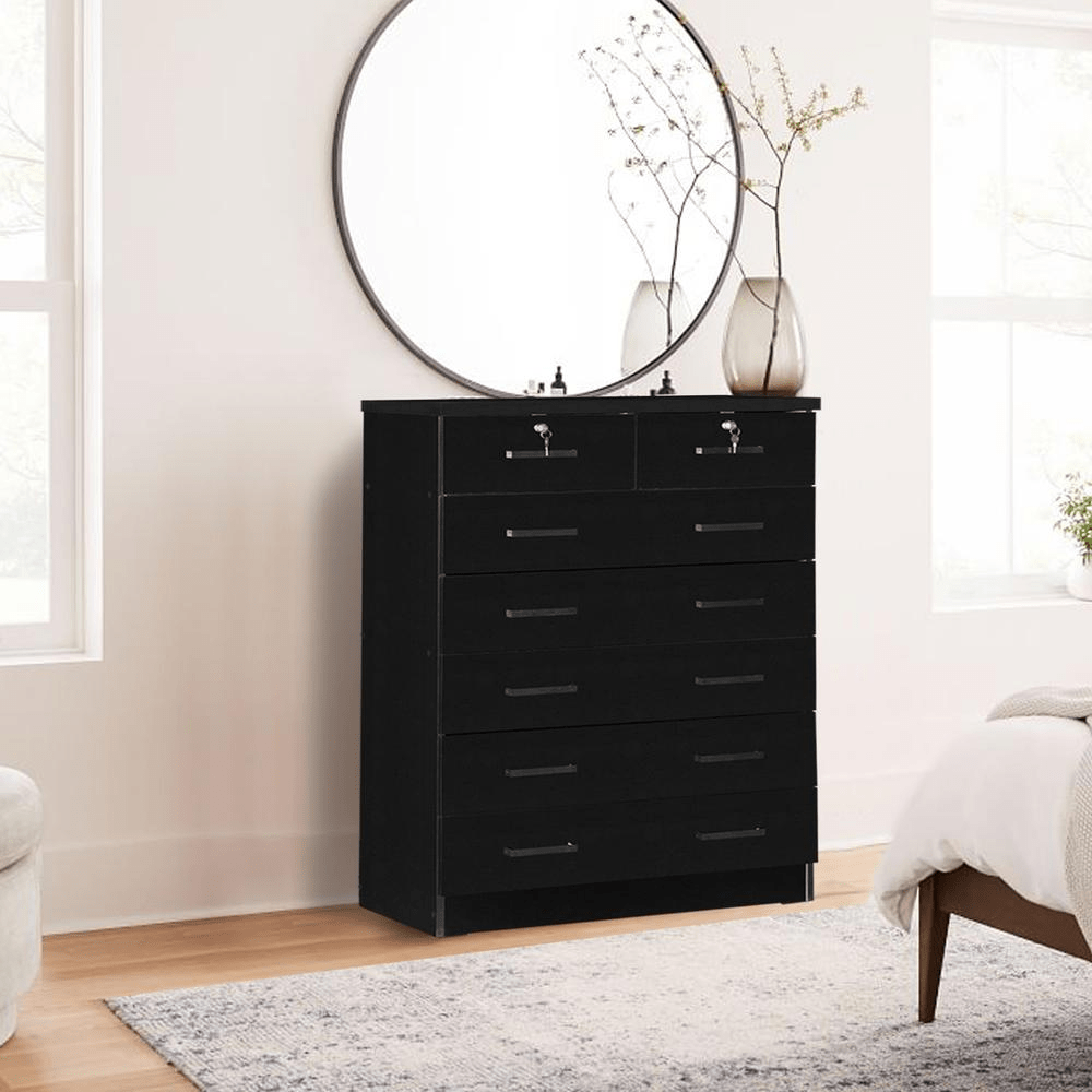 Better Home Products Cindy 7 Drawer Chest Wooden Dresser with Lock in Black - Mervyns