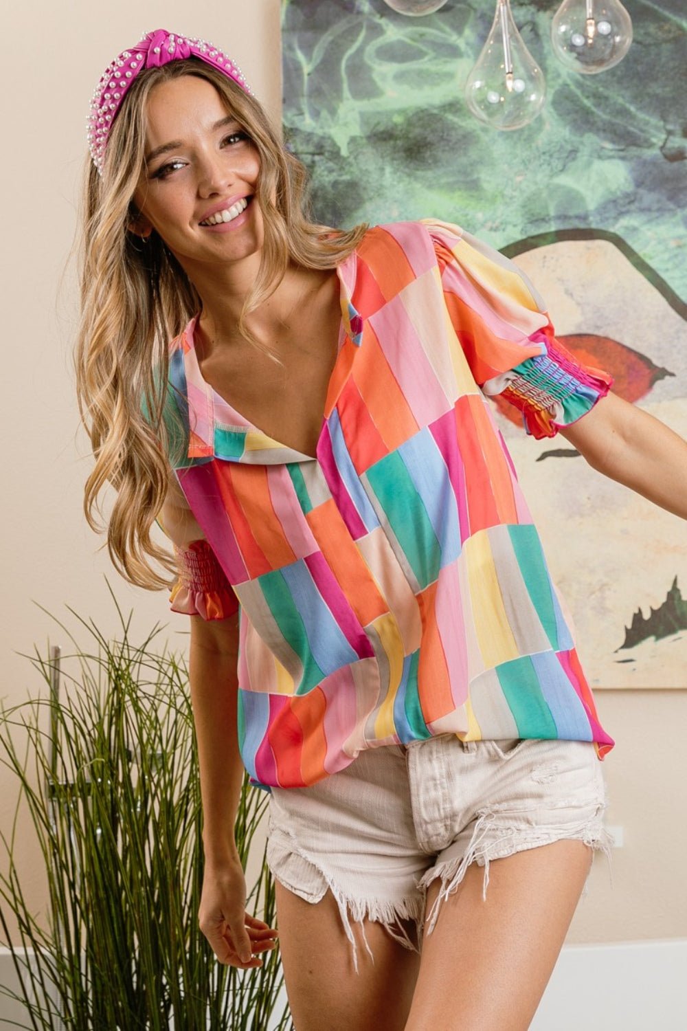 BiBi Color Block Smocked Short Sleeve Blouse - Mervyns