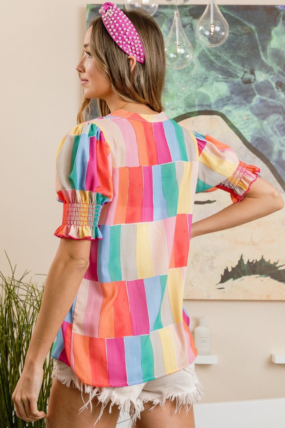 BiBi Color Block Smocked Short Sleeve Blouse - Mervyns