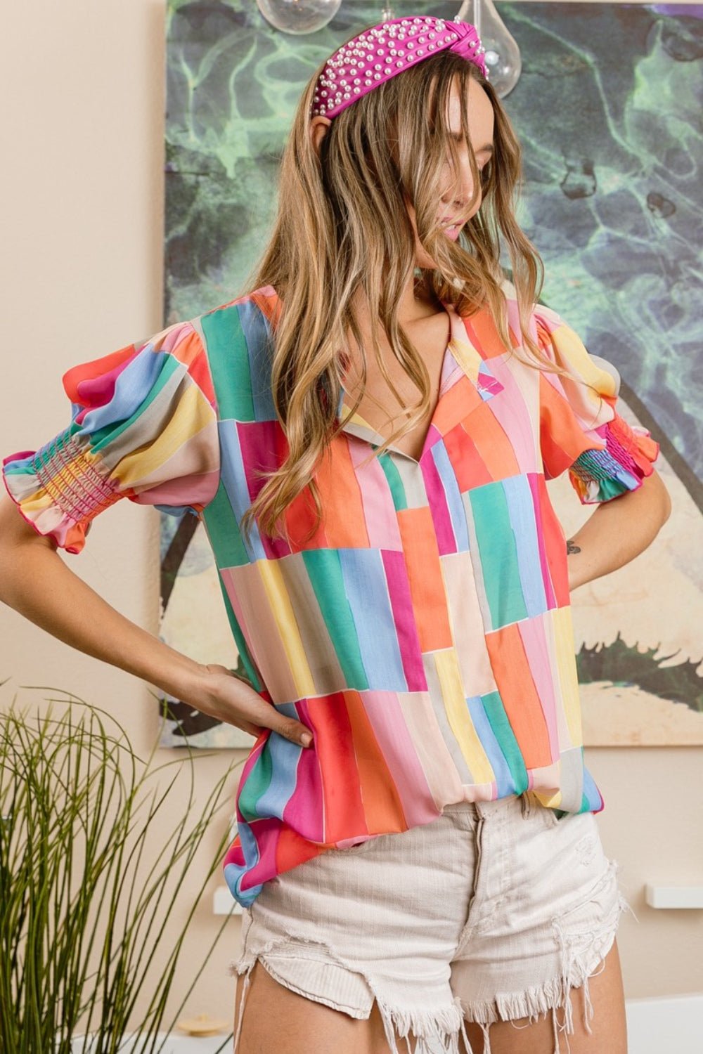 BiBi Color Block Smocked Short Sleeve Blouse - Mervyns