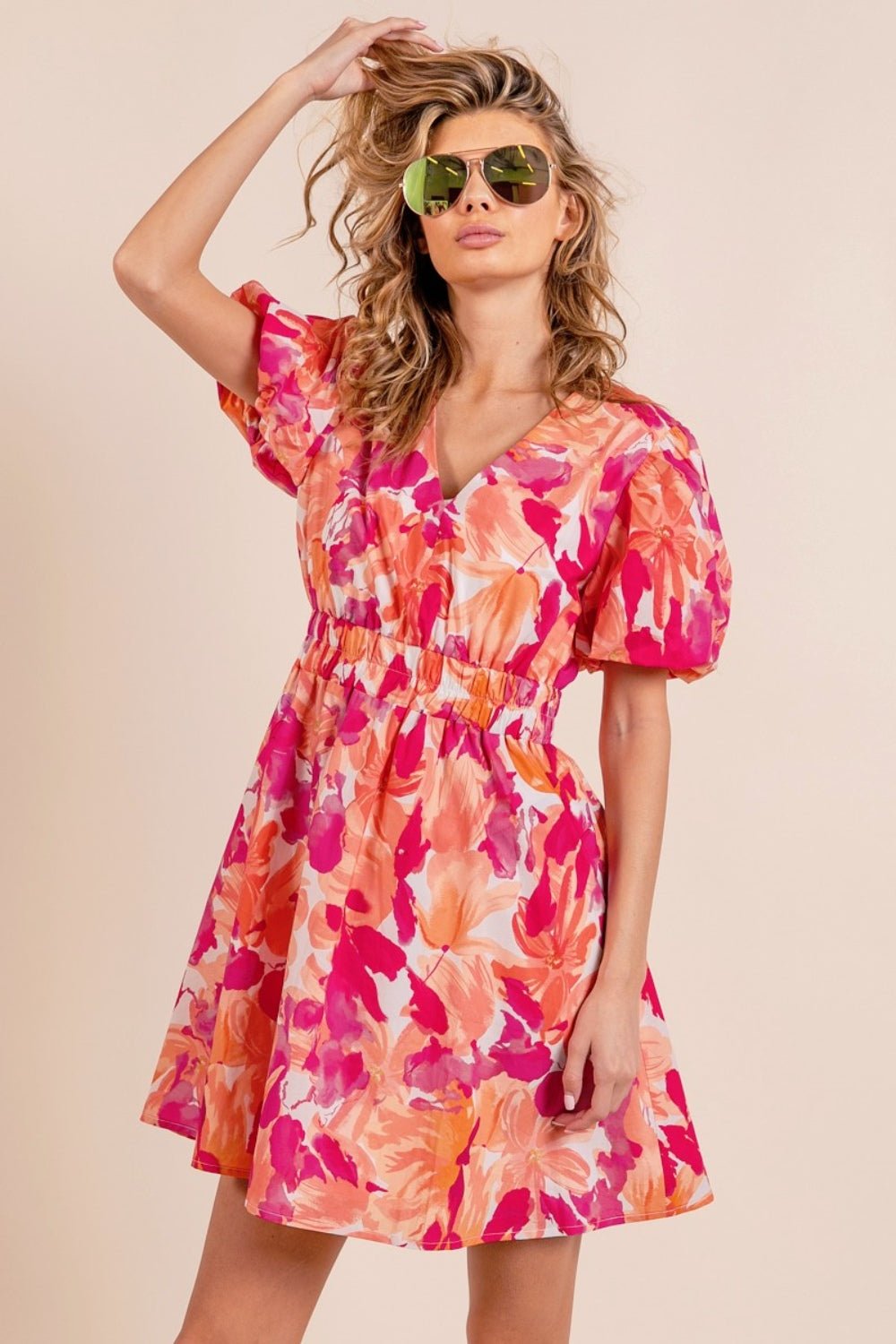 BiBi Floral V - Neck Puff Sleeve Mini Dress - Mervyns