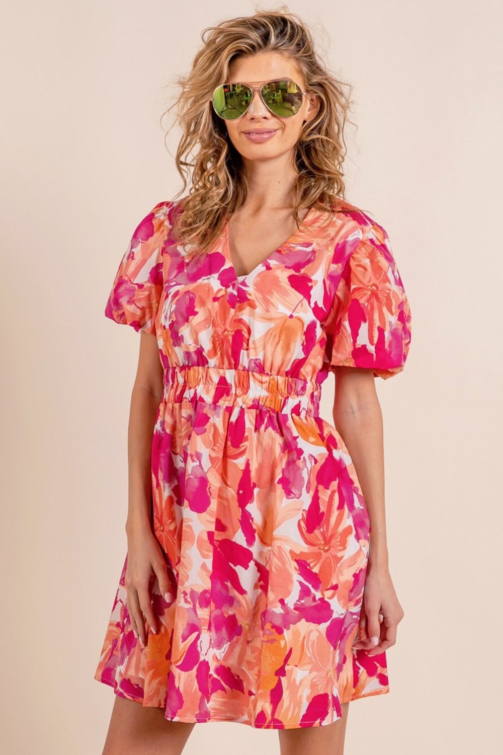 BiBi Floral V - Neck Puff Sleeve Mini Dress - Mervyns