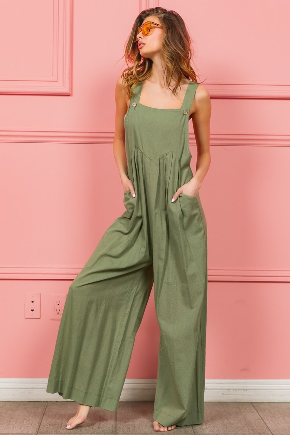 BiBi Ruched Wide Leg Overalls with Pockets - Mervyns