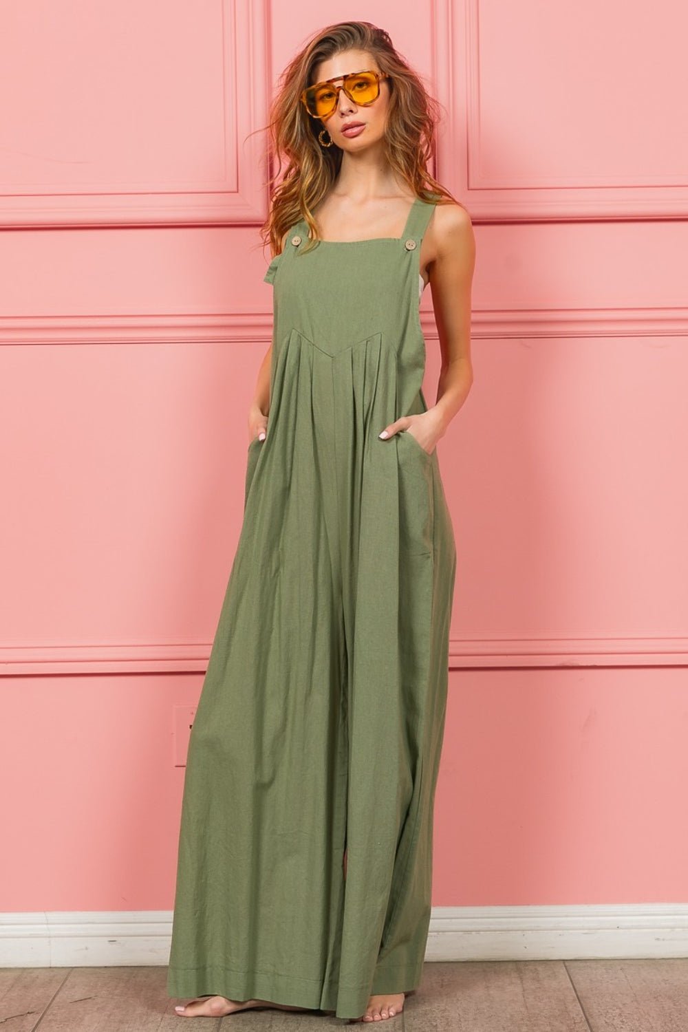 BiBi Ruched Wide Leg Overalls with Pockets - Mervyns