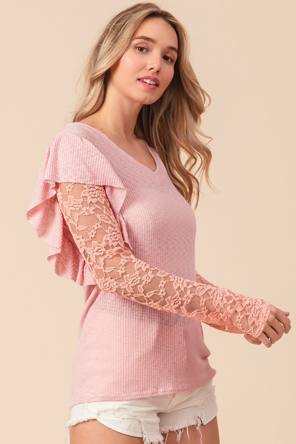 BiBi Ruffled Lace Sleeve Rib Knit Top - Mervyns