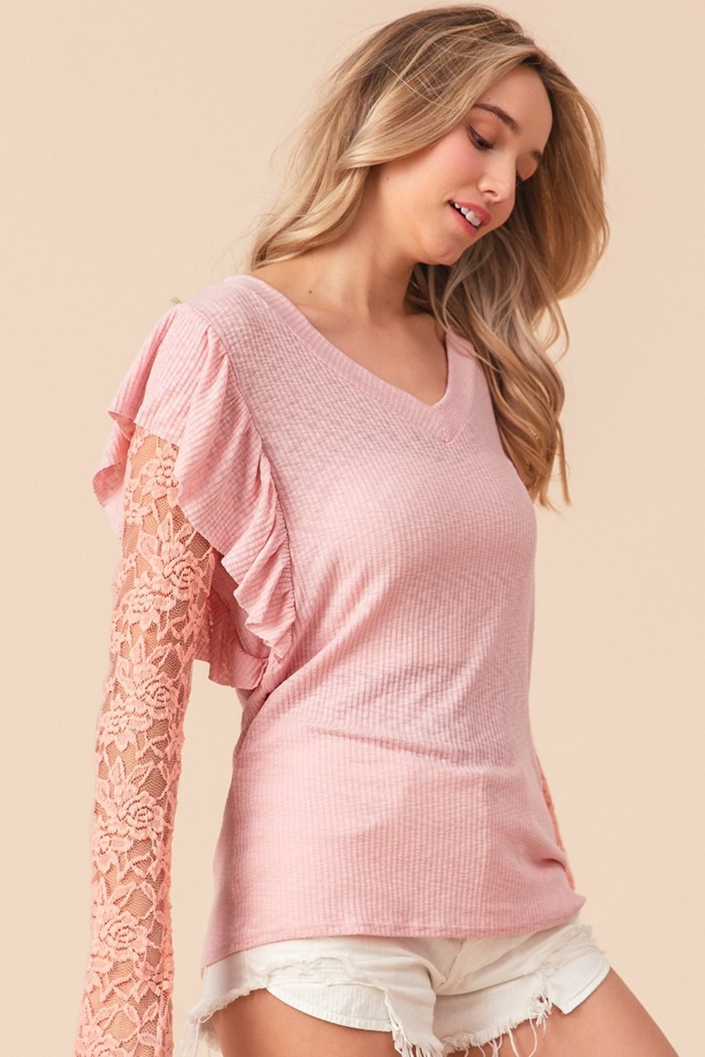 BiBi Ruffled Lace Sleeve Rib Knit Top - Mervyns