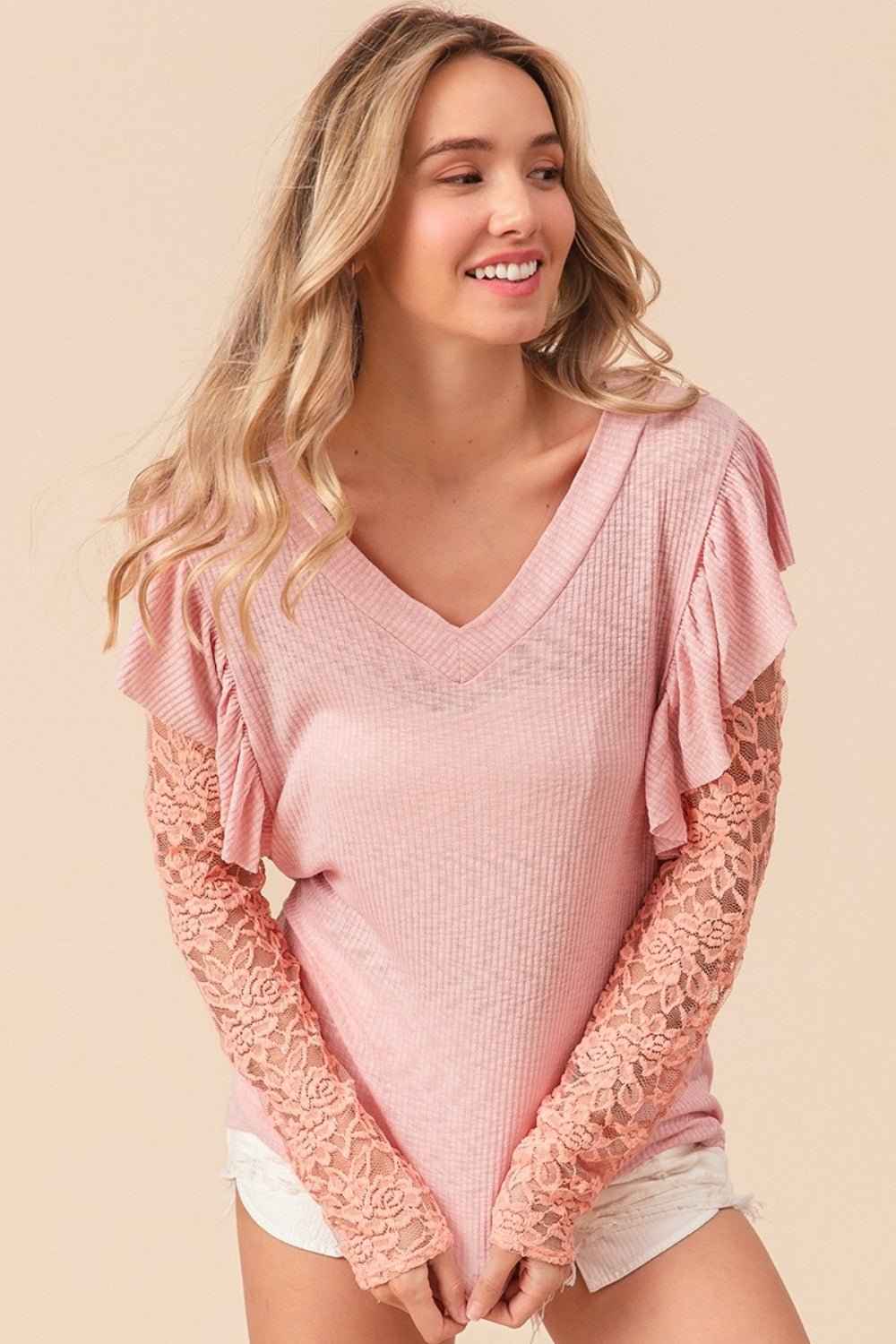 BiBi Ruffled Lace Sleeve Rib Knit Top - Mervyns