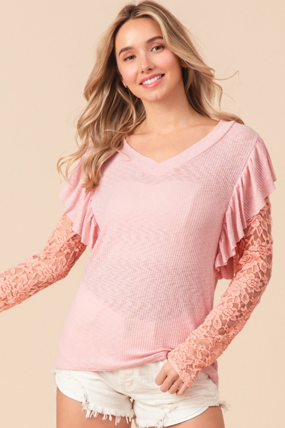 BiBi Ruffled Lace Sleeve Rib Knit Top - Mervyns