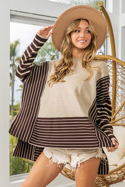 BiBi Striped Contrast Long Sleeve Slit Top - Mervyns