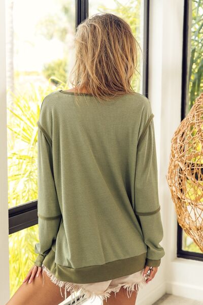 BiBi Waffle Knit Contrast Trim Long Sleeve T-Shirt - Mervyns