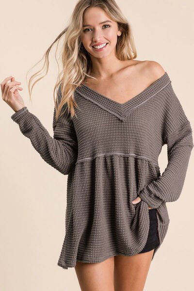 BiBi Waffle Knit V - Neck Babydoll Blouse - Mervyns