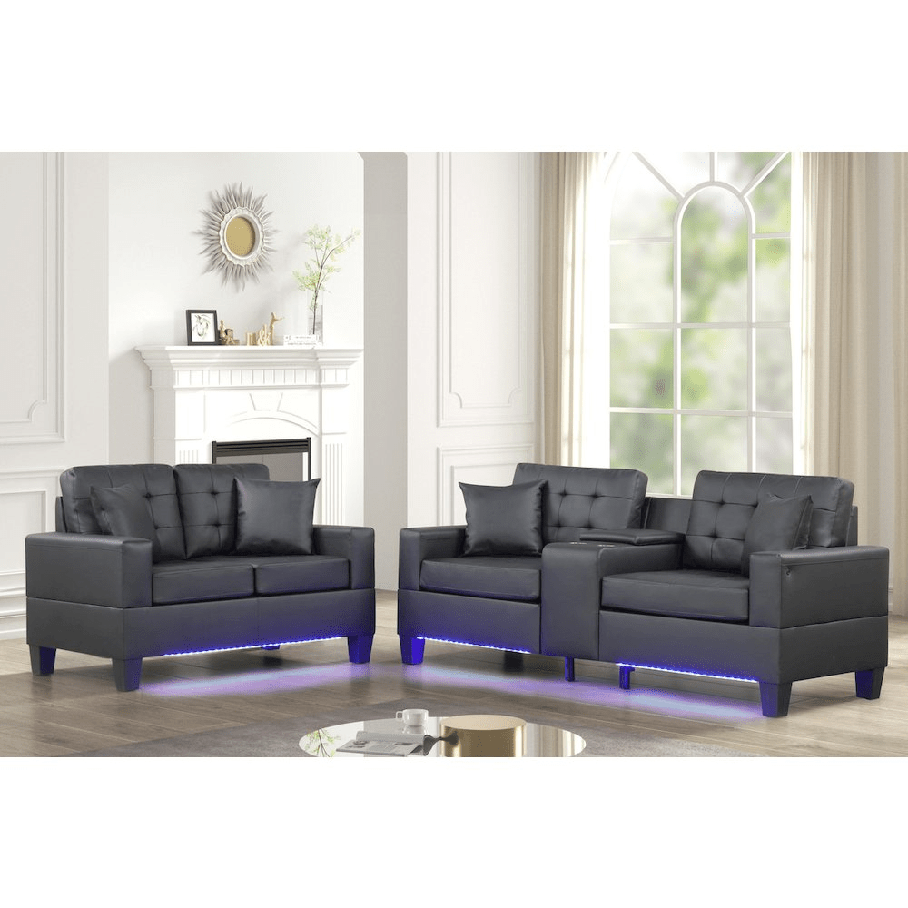 Black PVC Fabric Sofa Loveseat Living Room Set with LED Lights - Mervyns