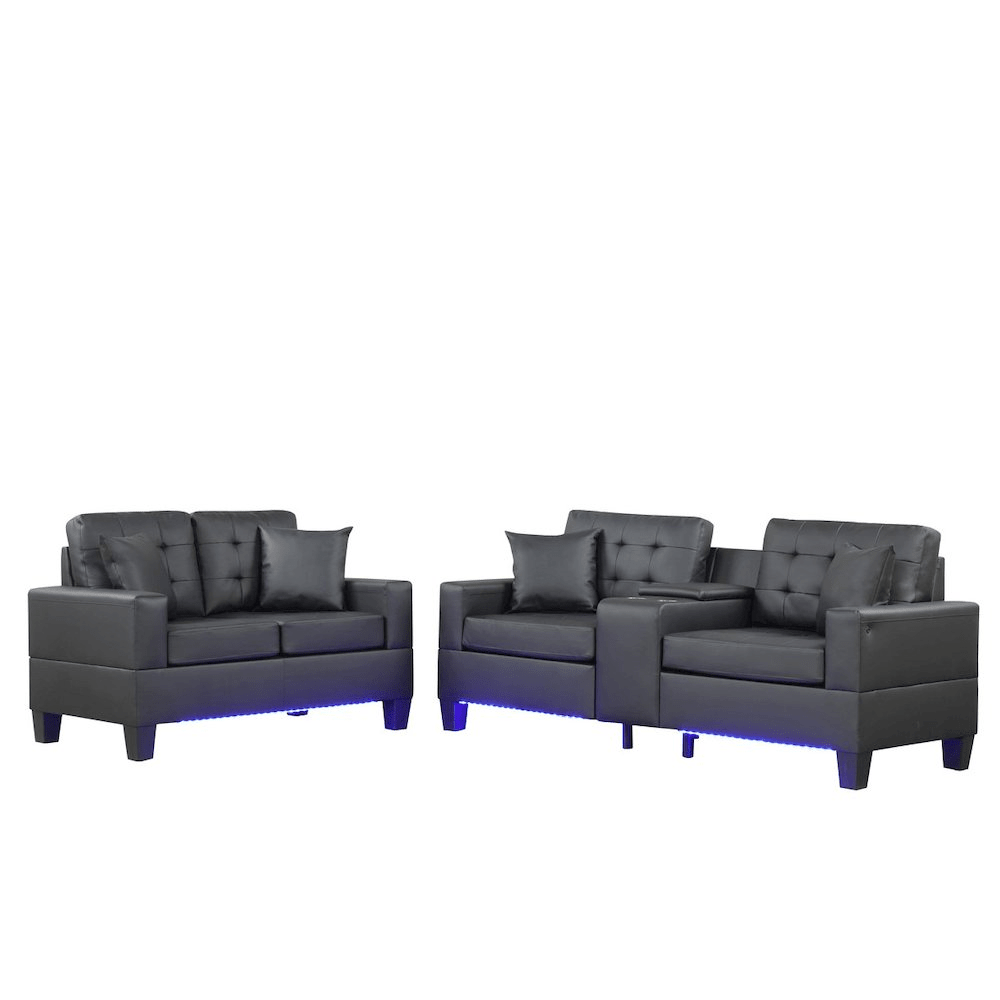 Black PVC Fabric Sofa Loveseat Living Room Set with LED Lights - Mervyns