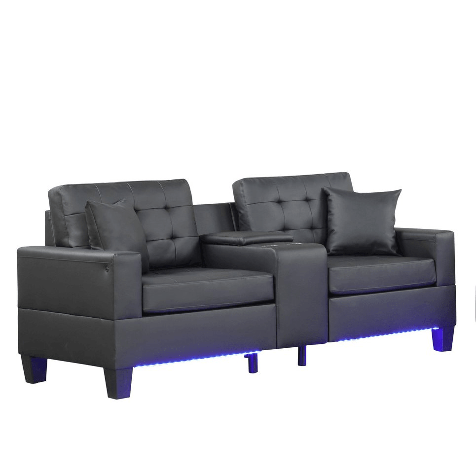 Black PVC Fabric Sofa Loveseat Living Room Set with LED Lights - Mervyns