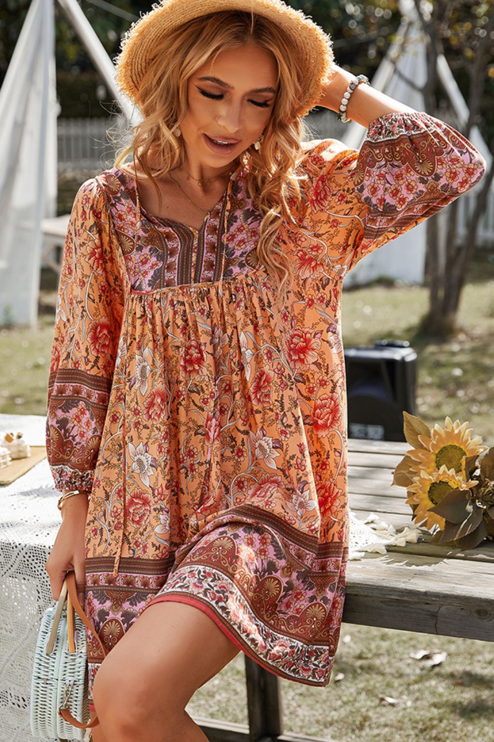 Bohemian Tie Neck Balloon Sleeve Dress - Mervyns