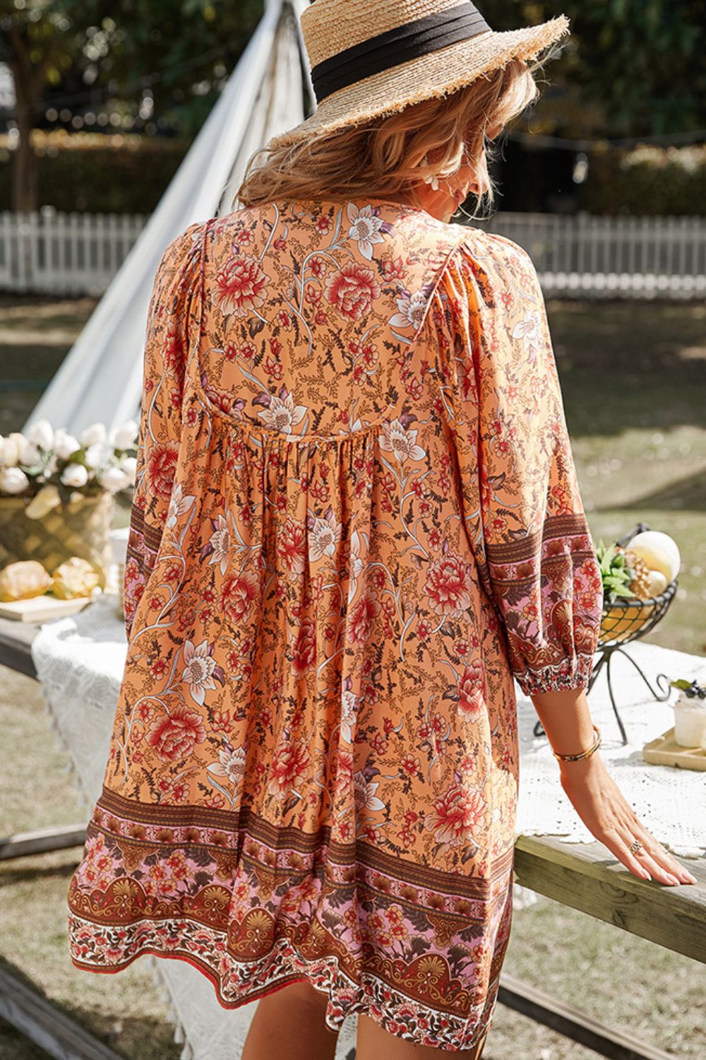 Bohemian Tie Neck Balloon Sleeve Dress - Mervyns