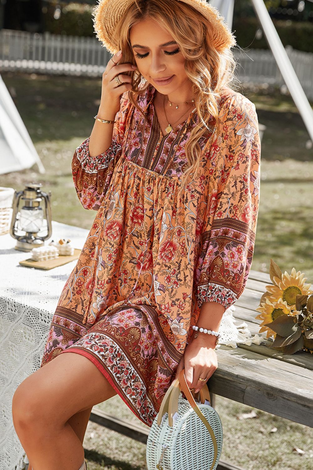 Bohemian Tie Neck Balloon Sleeve Dress - Mervyns