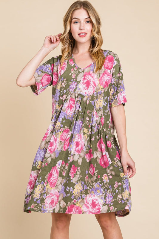 BOMBOM Flower Print V - Neck Ruched Dress - Mervyns