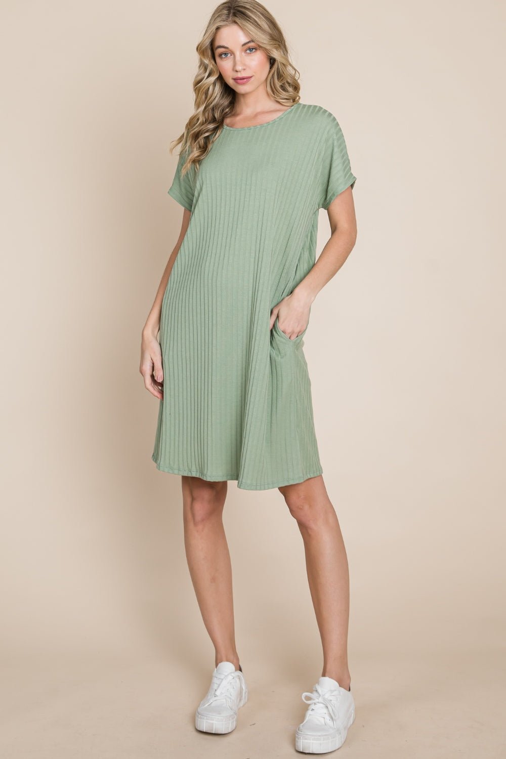 BOMBOM Ribbed Round Neck Short Sleeve Dress - Mervyns