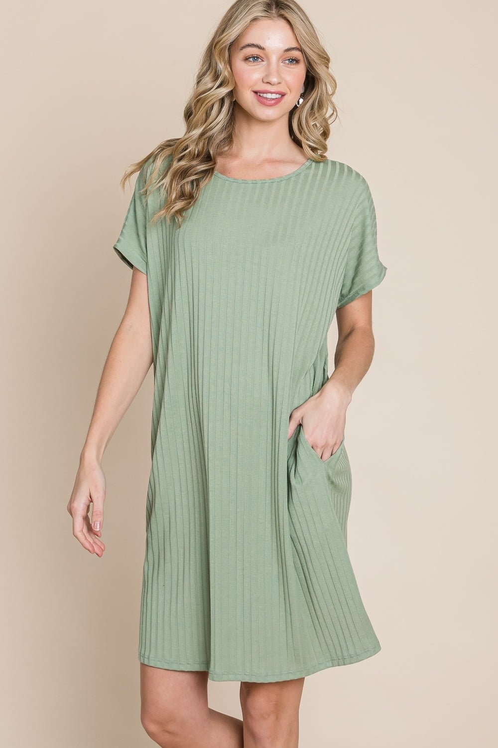 BOMBOM Ribbed Round Neck Short Sleeve Dress - Mervyns