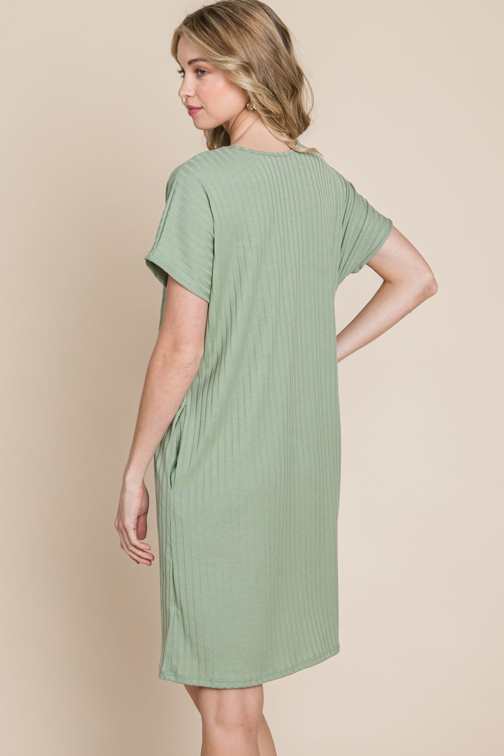 BOMBOM Ribbed Round Neck Short Sleeve Dress - Mervyns