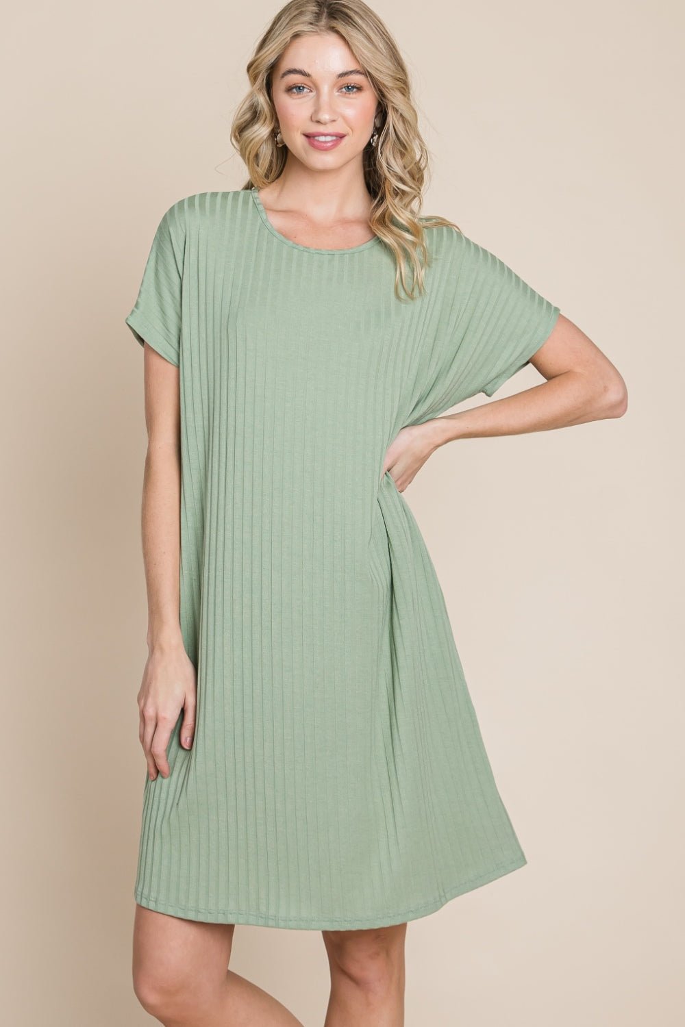 BOMBOM Ribbed Round Neck Short Sleeve Dress - Mervyns