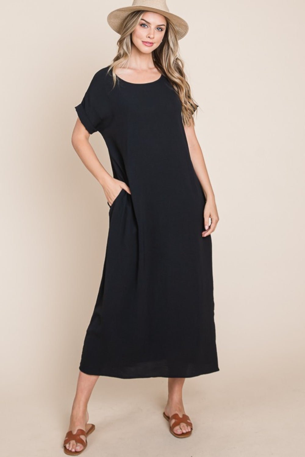 BOMBOM Round Neck Short Sleeve Midi Dress with Pockets - Mervyns