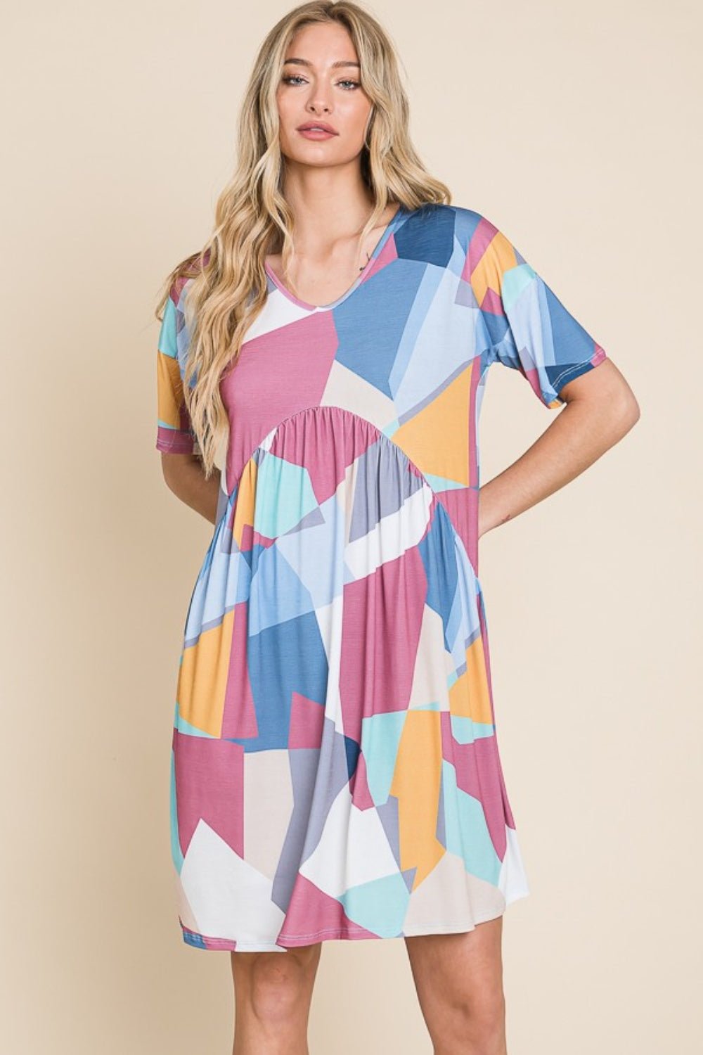 BOMBOM Ruched Color Block Short Sleeve Dress - Mervyns