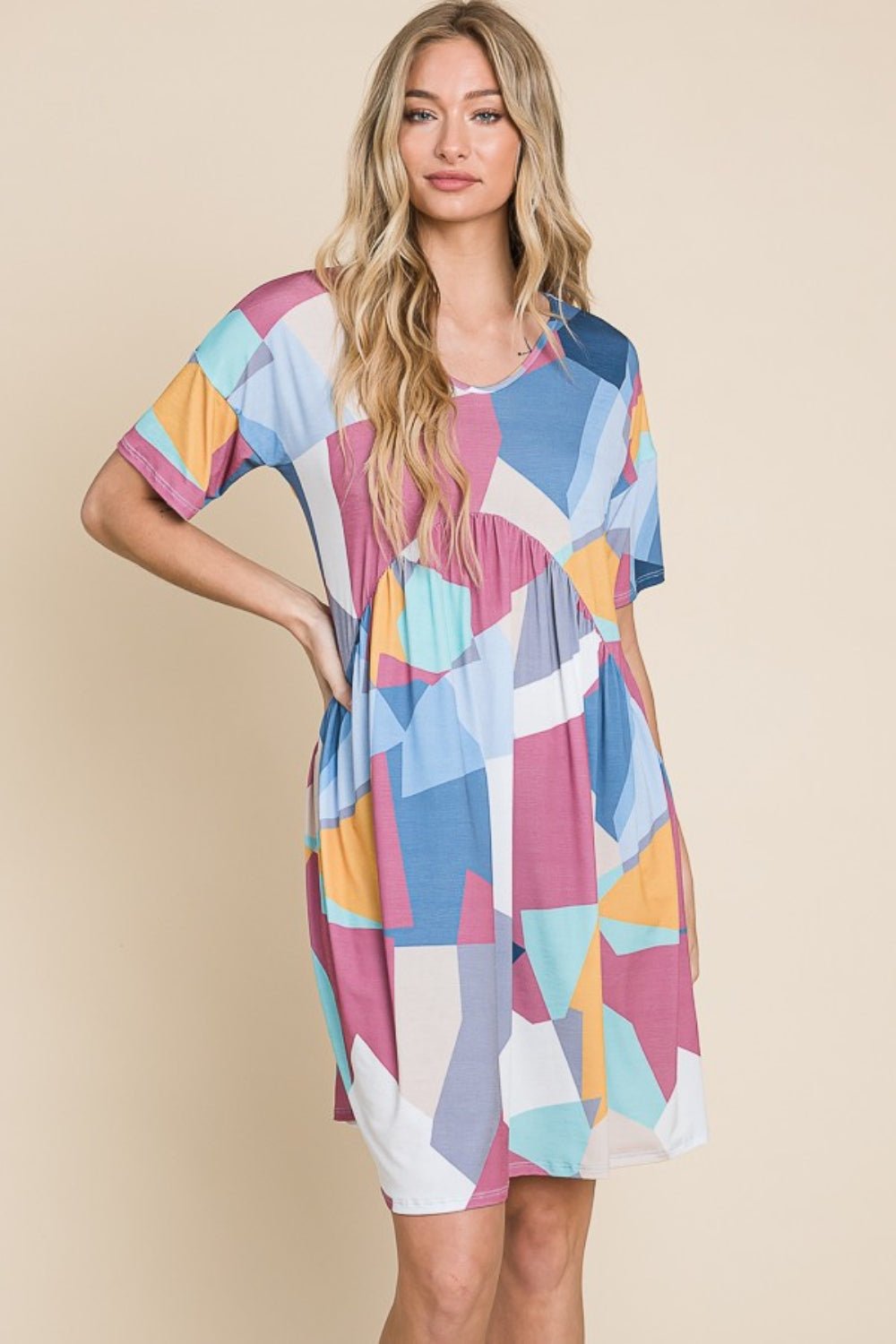 BOMBOM Ruched Color Block Short Sleeve Dress - Mervyns