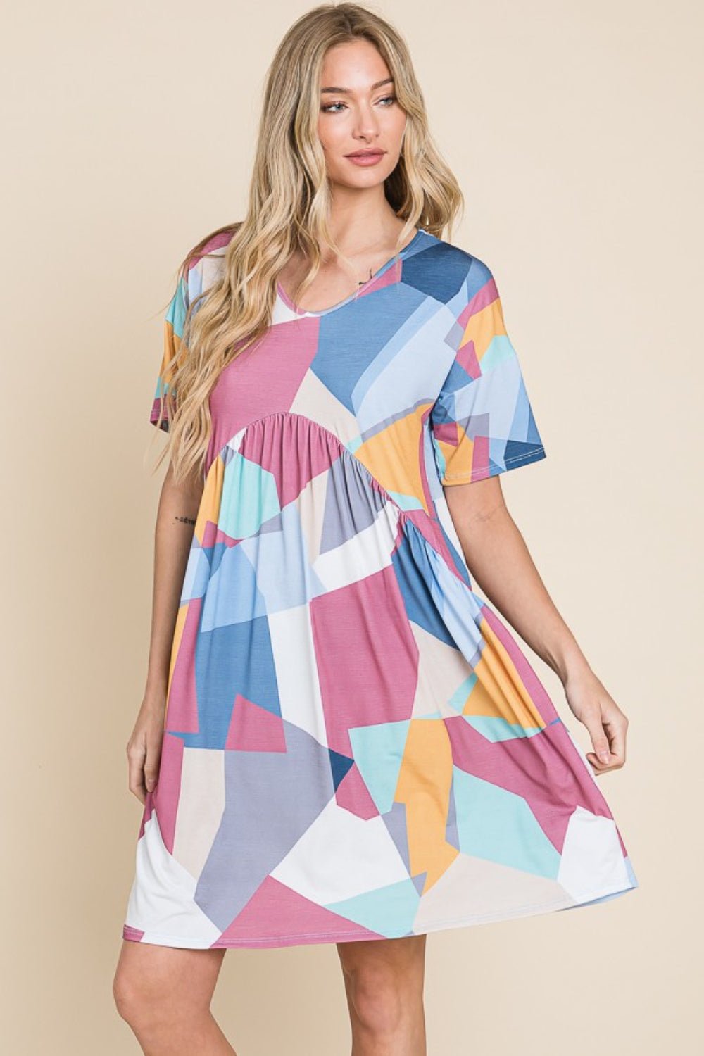 BOMBOM Ruched Color Block Short Sleeve Dress - Mervyns