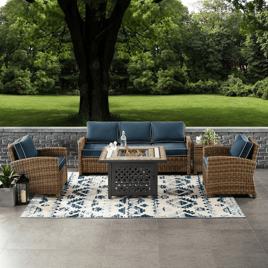 Bradenton 5Pc Outdoor Wicker Conversation Set W/Fire Table Weathered Brown/Navy - Sofa, 2 Arm Chairs, Side Table, Fire Table - Mervyns