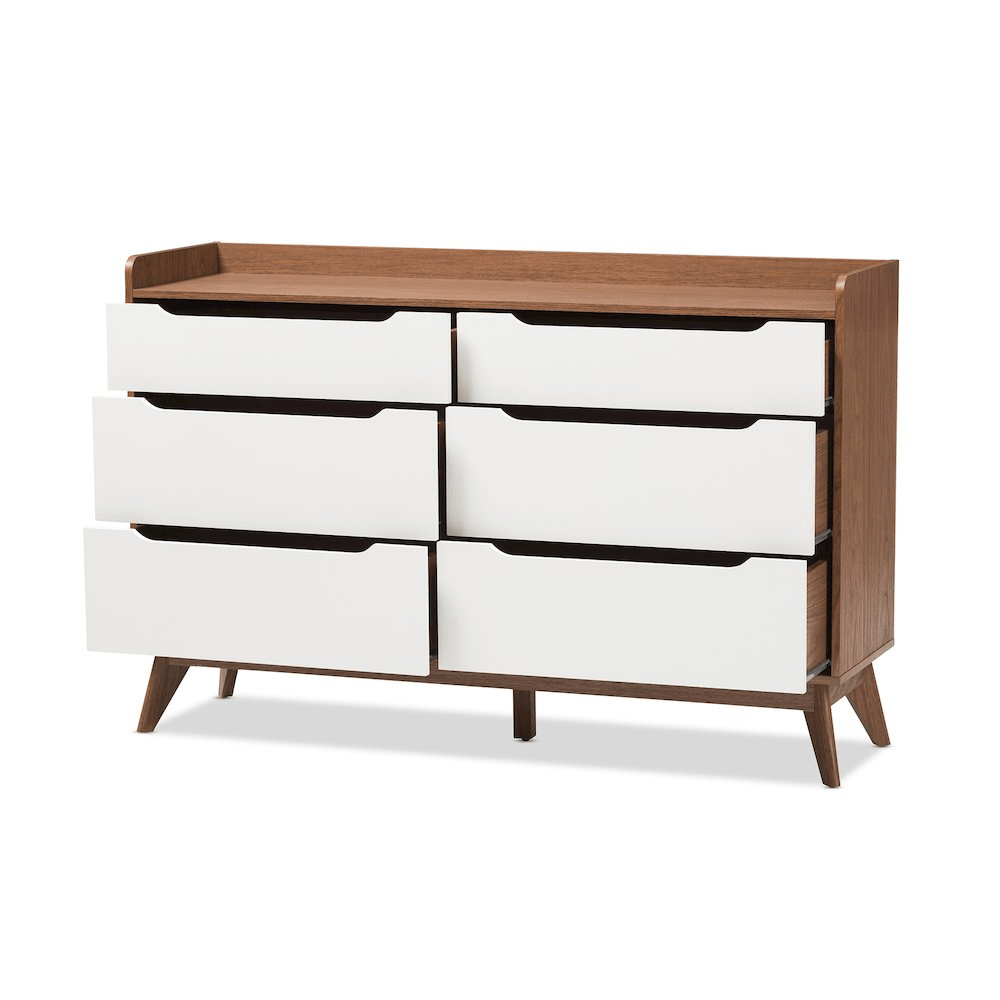 Brighton Mid - Century Modern White and Walnut Wood 6 - Drawer Storage Dresser - Mervyns