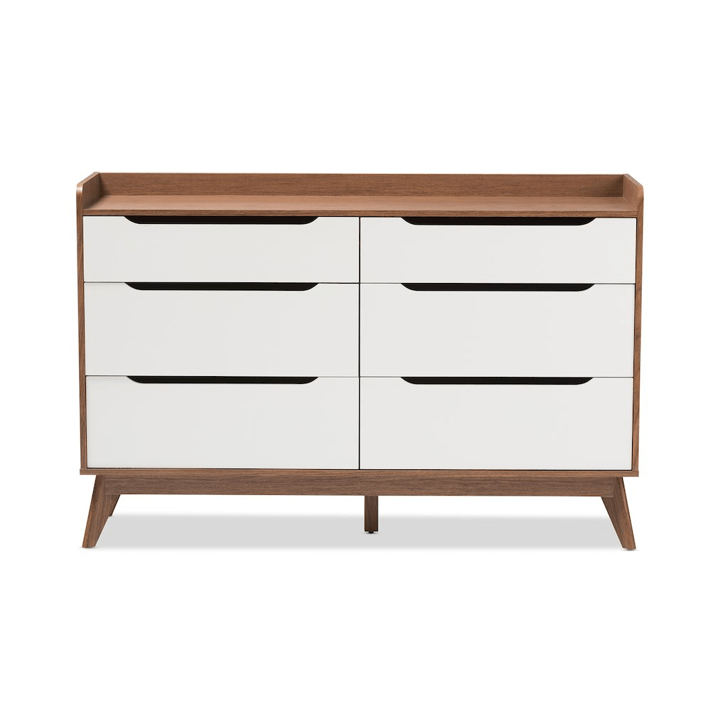 Brighton Mid - Century Modern White and Walnut Wood 6 - Drawer Storage Dresser - Mervyns