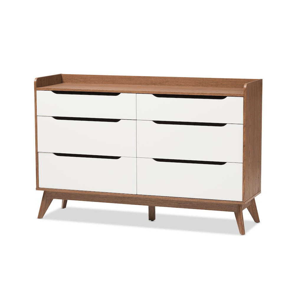 Brighton Mid - Century Modern White and Walnut Wood 6 - Drawer Storage Dresser - Mervyns