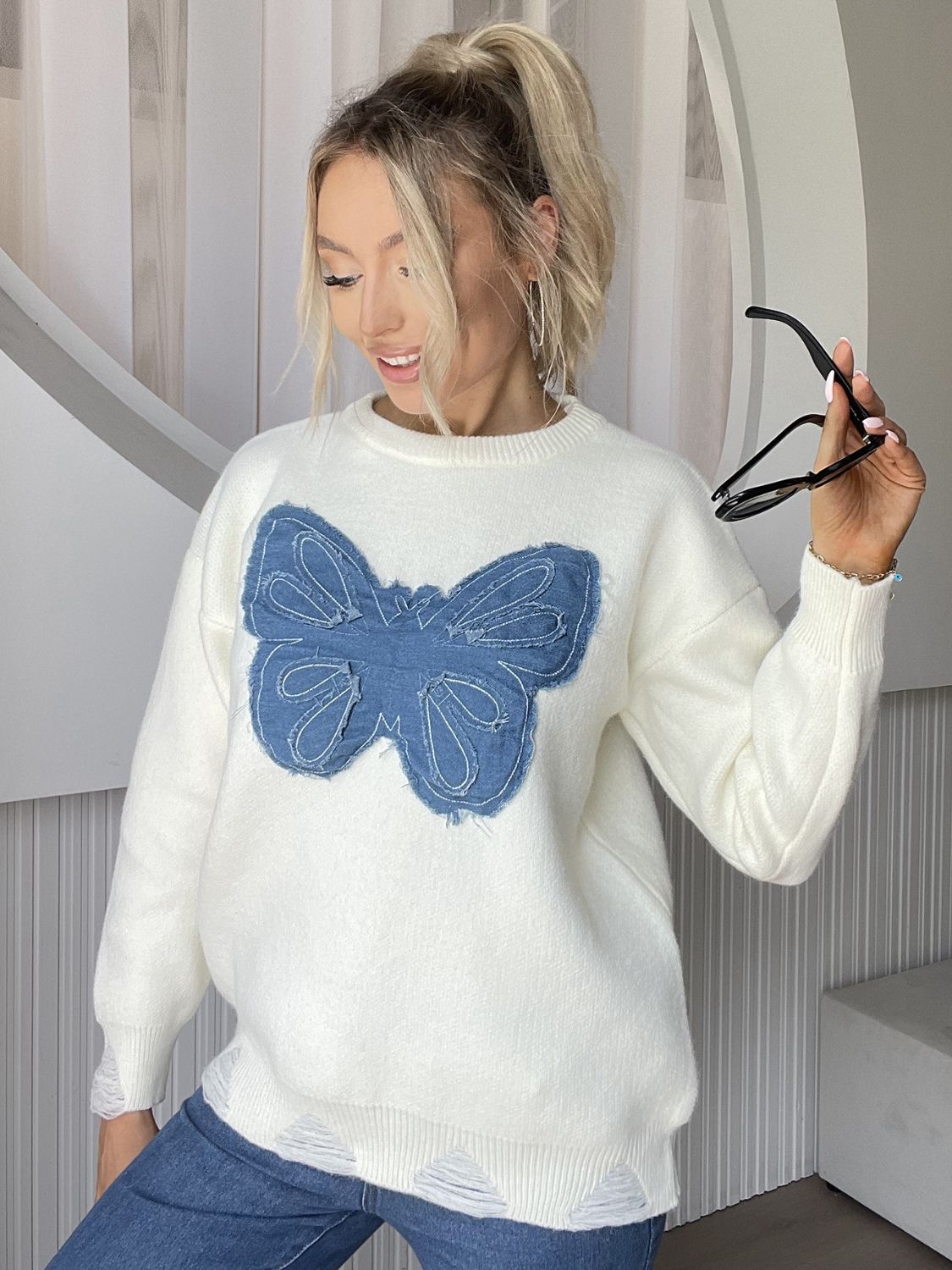 Butterfly Round Neck Long Sleeve Sweater - Mervyns