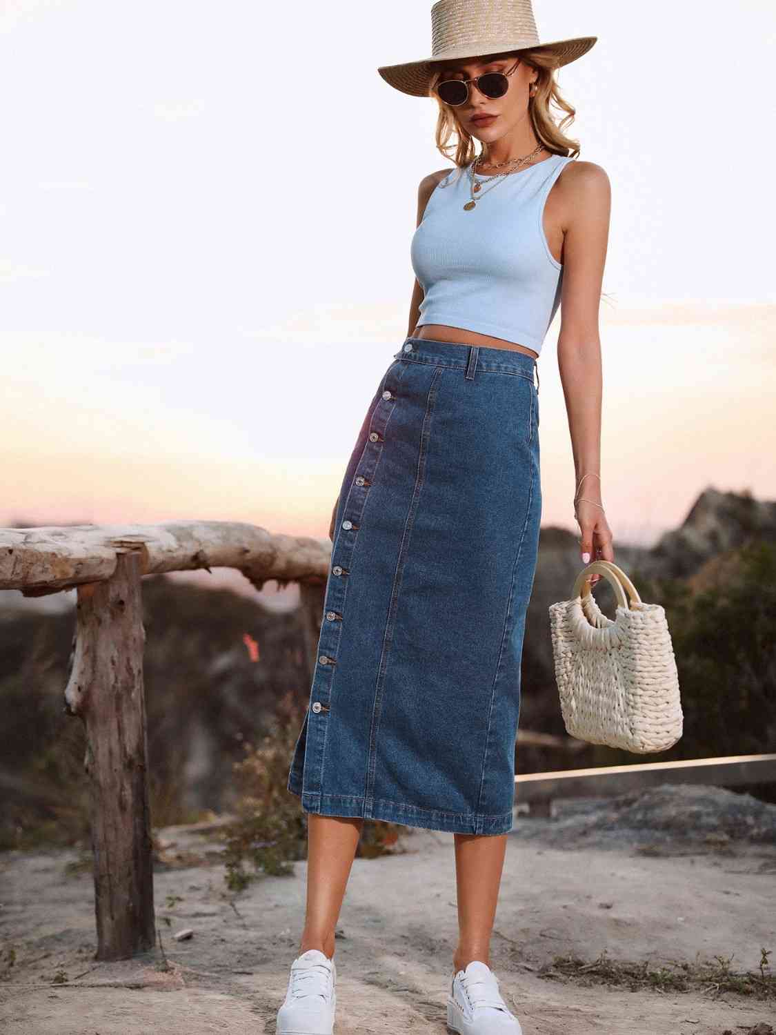 Button Down Denim Skirt - Mervyns