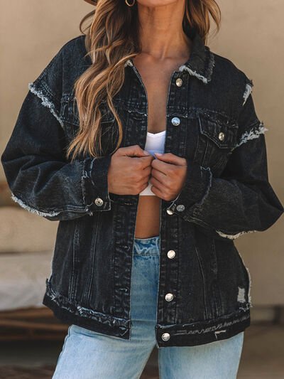 Button Up Raw Hem Distressed Denim Jacket - Mervyns