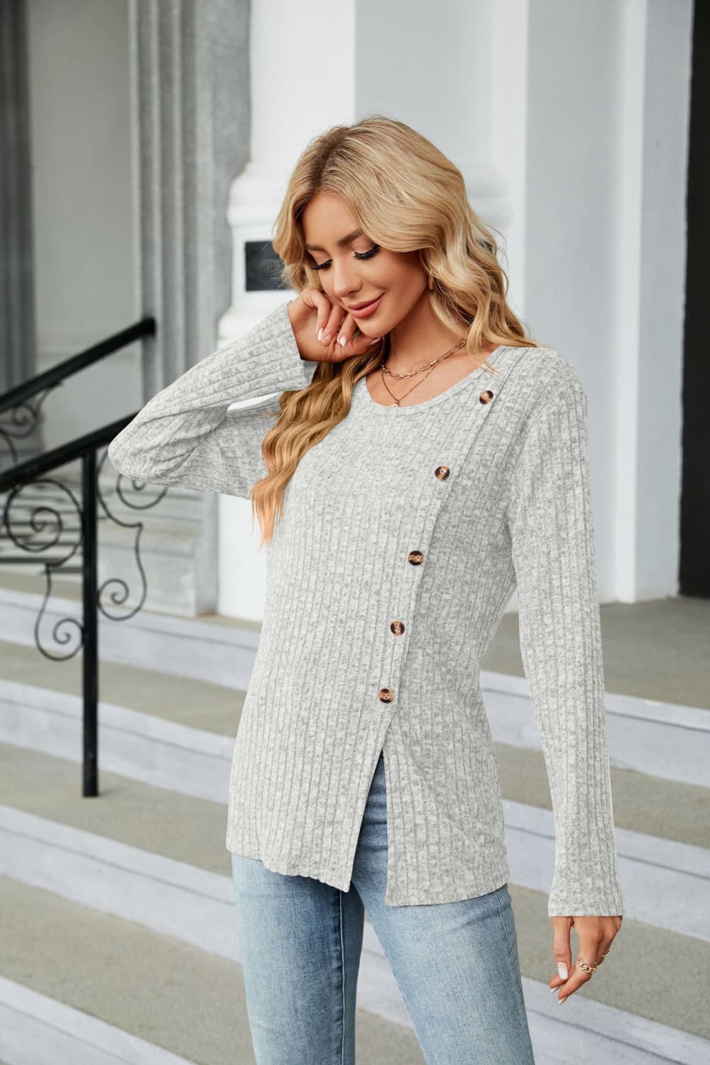 Buttoned Long Sleeve Slit Top - Mervyns