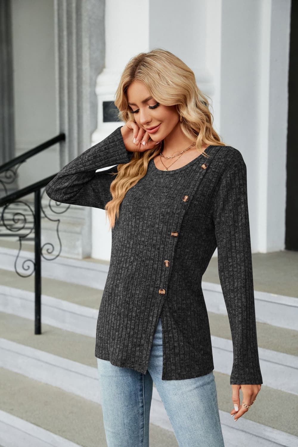 Buttoned Long Sleeve Slit Top - Mervyns