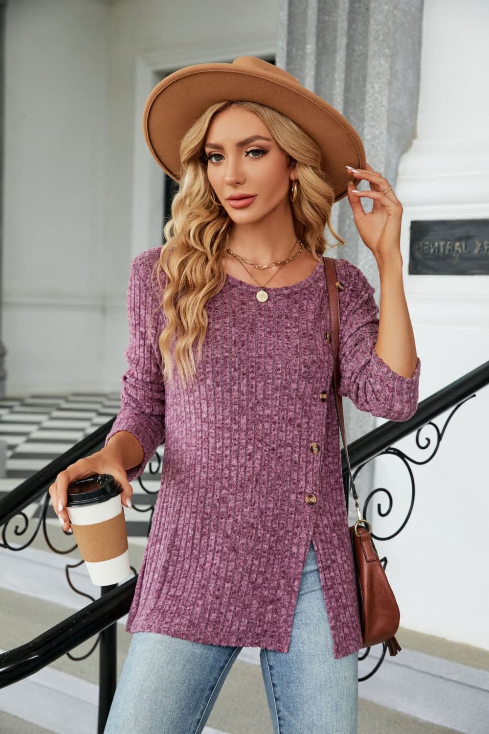 Buttoned Long Sleeve Slit Top - Mervyns