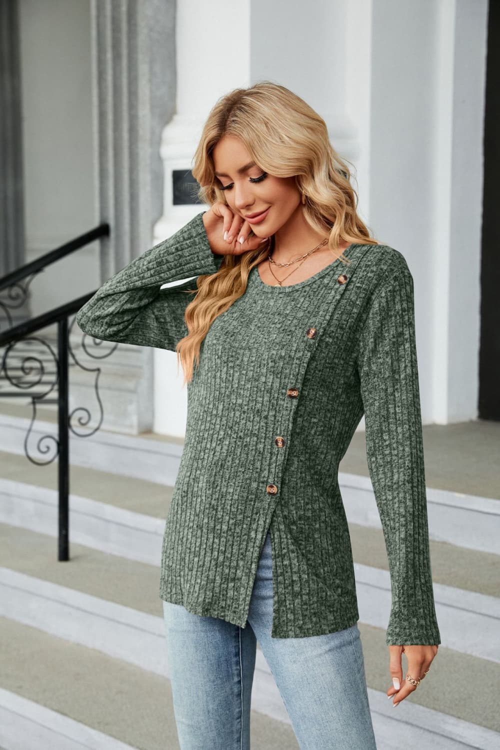 Buttoned Long Sleeve Slit Top - Mervyns