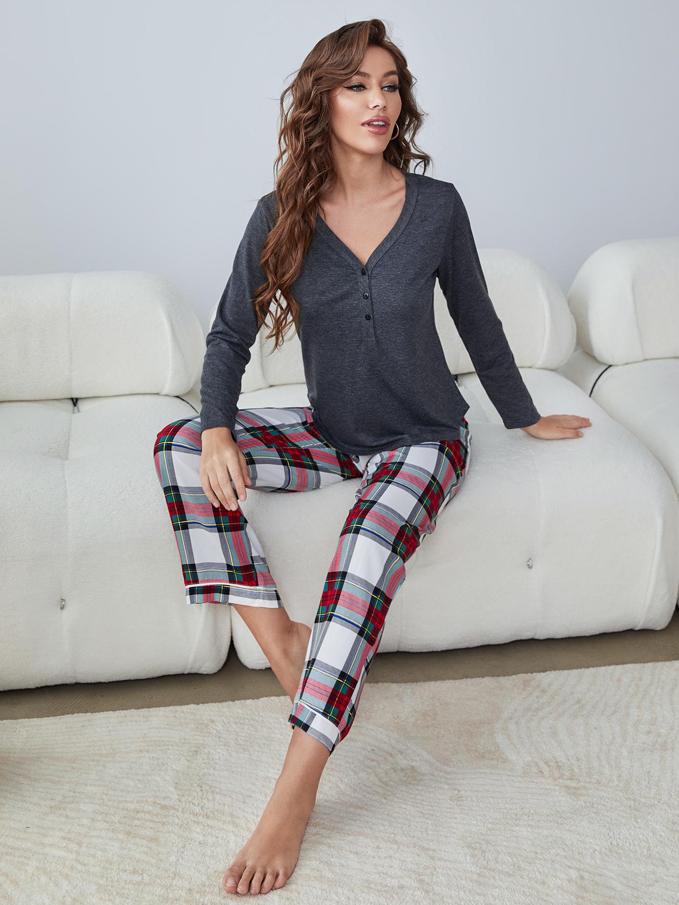 Buttoned Long Sleeve Top and Plaid Pants Lounge Set - Mervyns