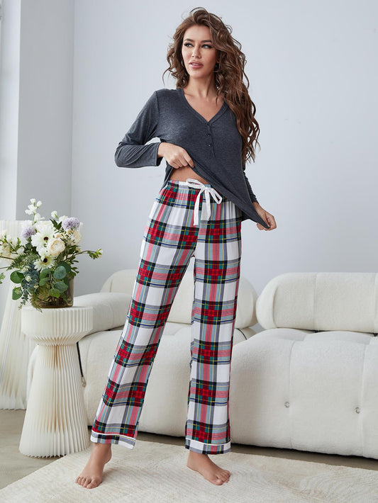 Buttoned Long Sleeve Top and Plaid Pants Lounge Set - Mervyns