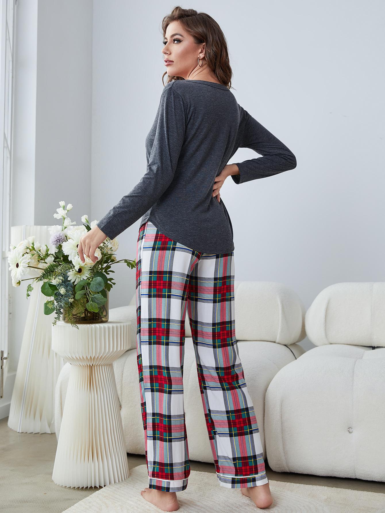 Buttoned Long Sleeve Top and Plaid Pants Lounge Set - Mervyns