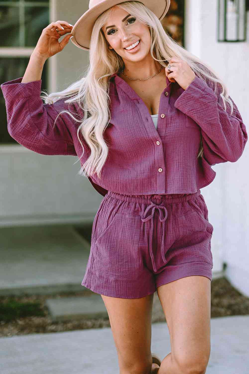 Buttoned Long Sleeve Top and Shorts Set - Mervyns