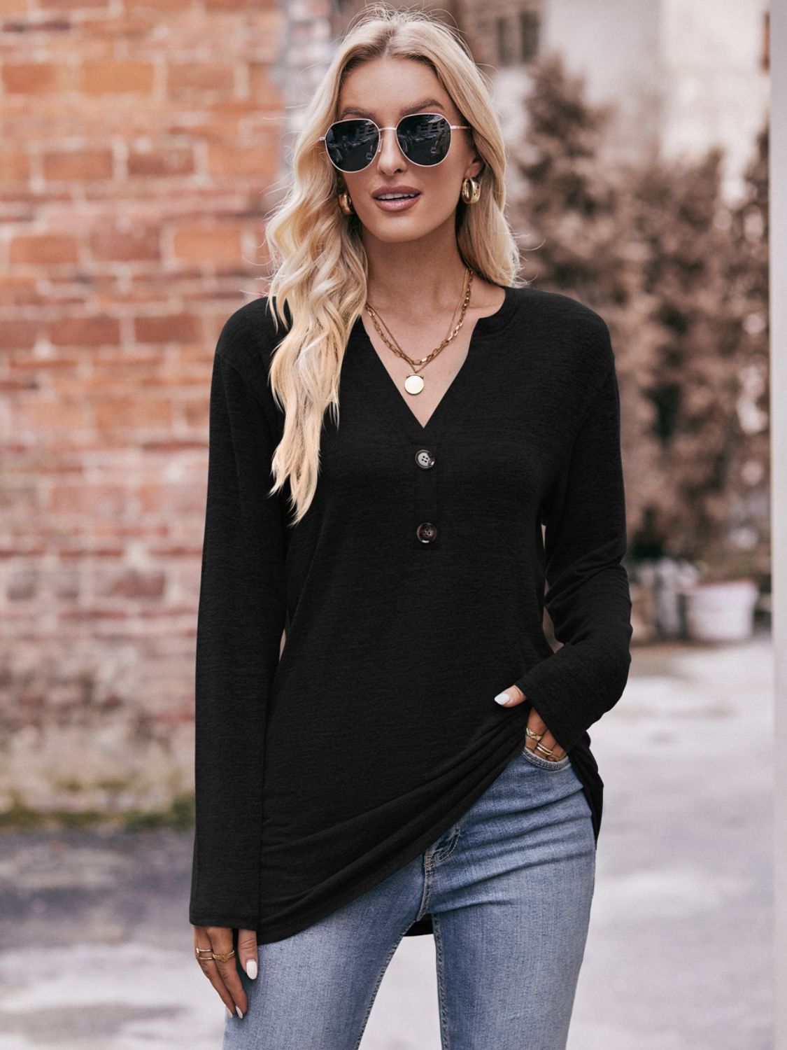 Buttoned Notched Neck Long Sleeve Top - Mervyns