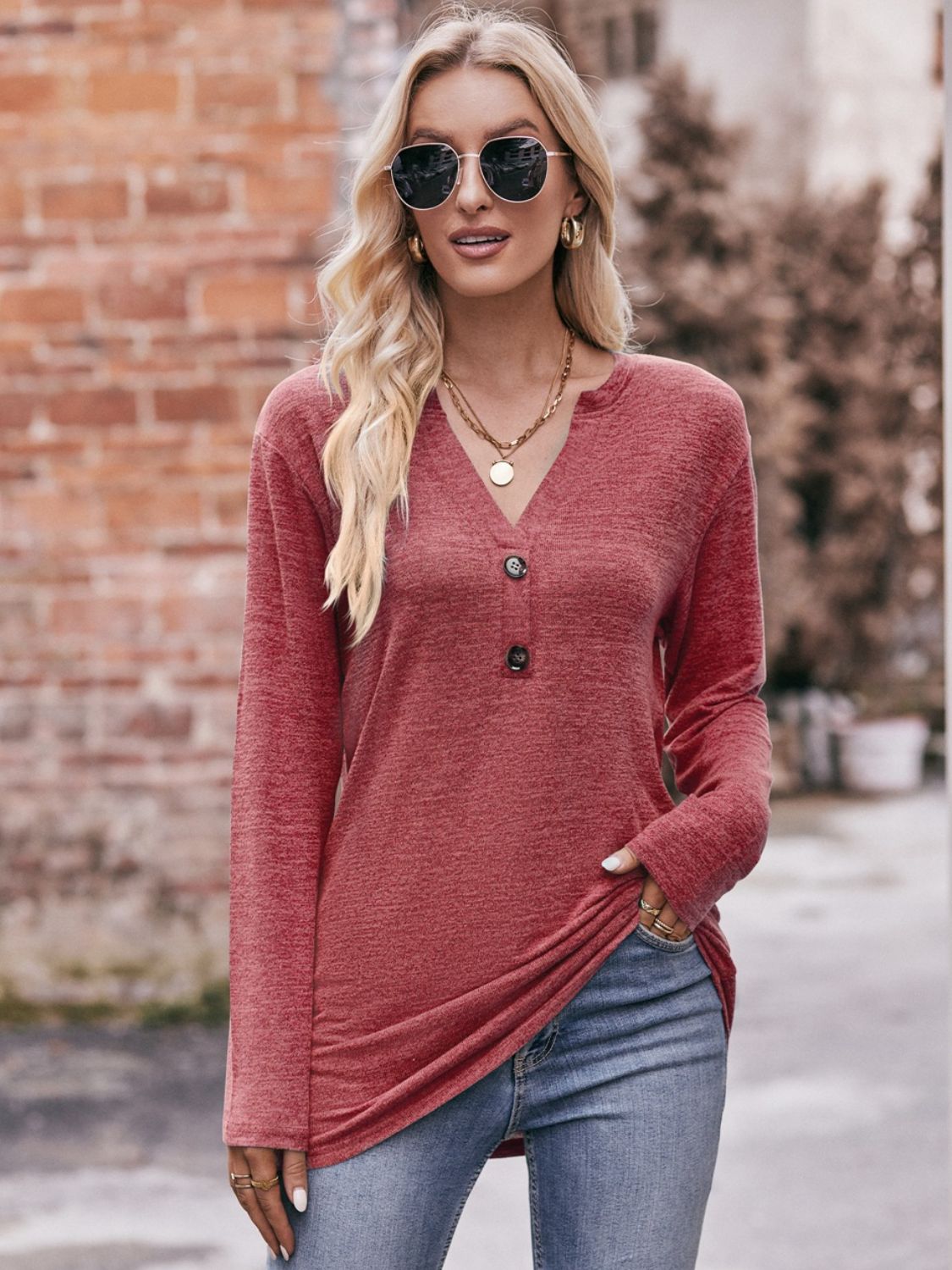 Buttoned Notched Neck Long Sleeve Top - Mervyns