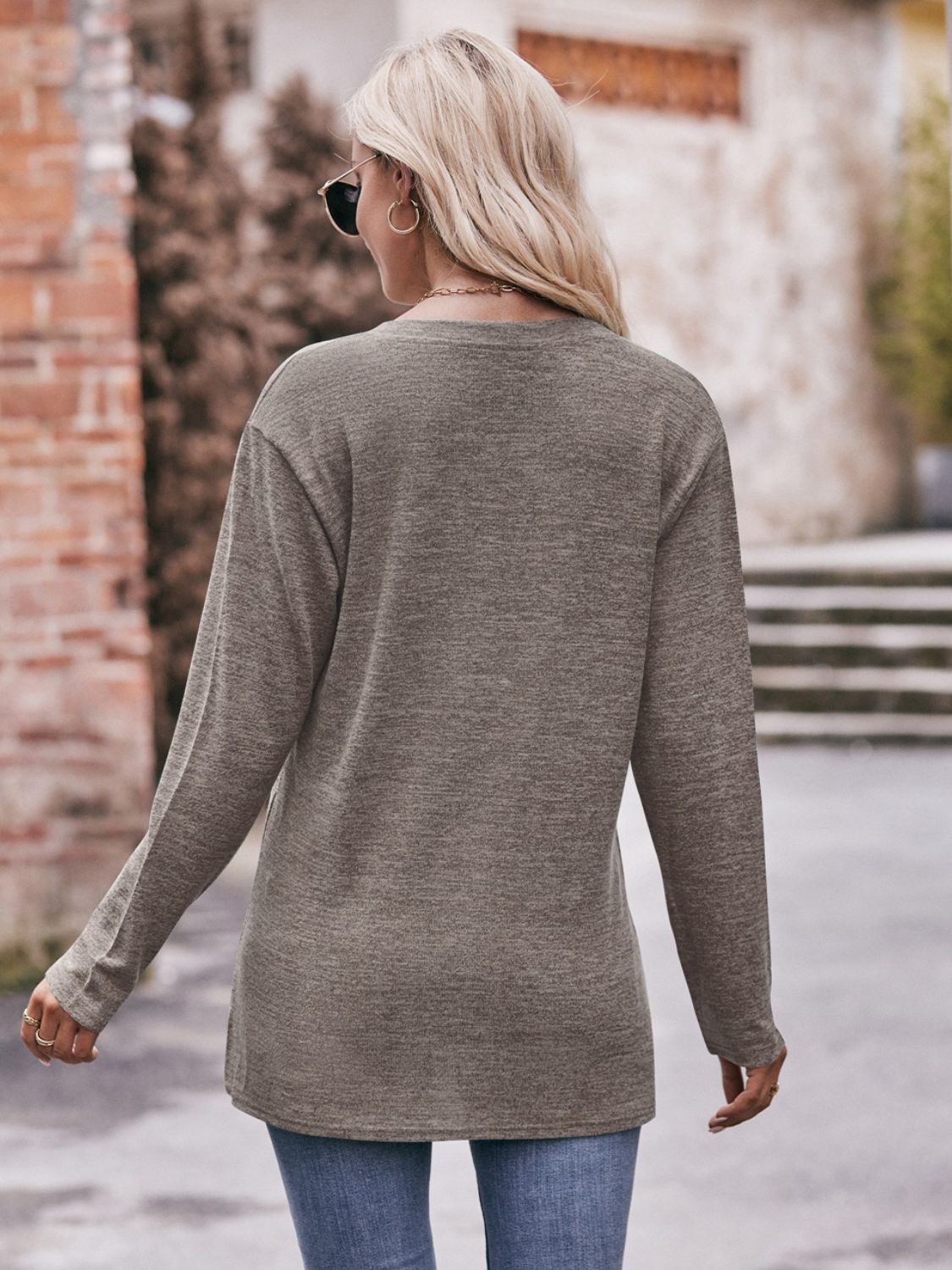 Buttoned Notched Neck Long Sleeve Top - Mervyns